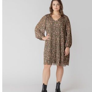 Dex Womens Olive Green Floral Pleated V Neck Long Sleeve Mini Dress NEW 1X